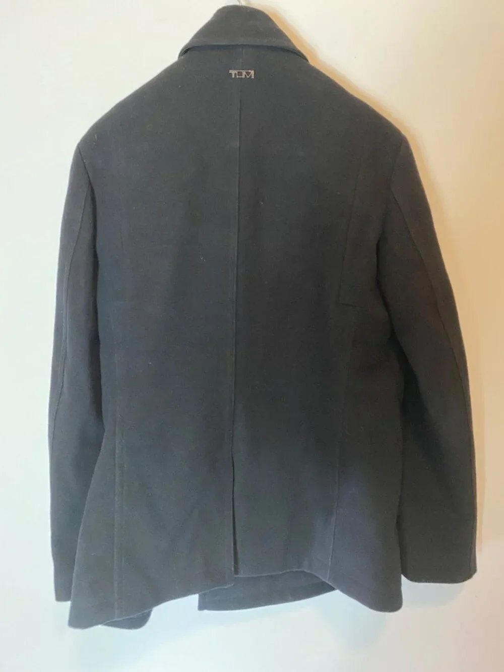 Tumi Mens Black Wool Blend Double-Breasted Peacoat Button Cuffs Side Pockets